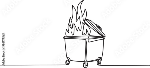 Burning trash dumpster drawn in continuous line art style, depicting a fiery waste container with an open lid and flames rising, rendered with a clean.one line drawing vector illustration