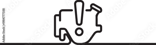 Car engine warning icon with an exclamation mark drawn in a simple, continuous one line art style, symbolizing a vehicle malfunction.one line drawing vector illustration