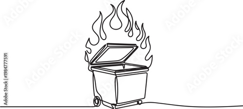 Burning trash dumpster drawn in continuous line art style, depicting a fiery waste container with an open lid and flames rising, rendered with a clean.one line drawing vector illustration