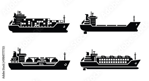 Black silhouette illustrations depicting various types of cargo ships at sea