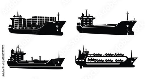 Black silhouette illustrations depicting various types of cargo ships at sea