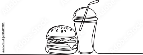 Continuous one line drawing of a hamburger and soda drink combo in a minimalist black and white style.one line drawing vector illustration