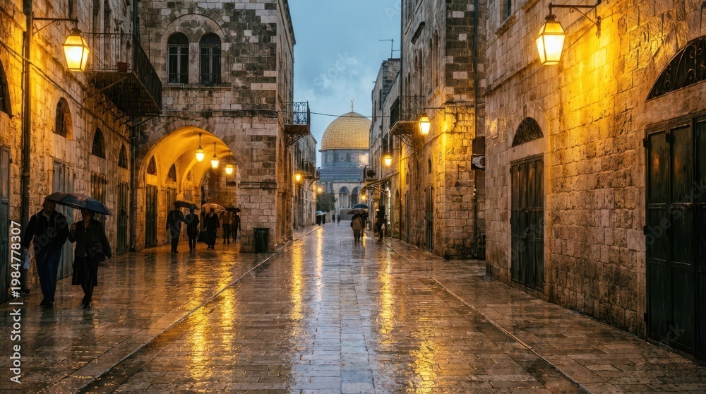 Obraz premium Rain-soaked Historic Street in Jerusalem during Golden Hour
