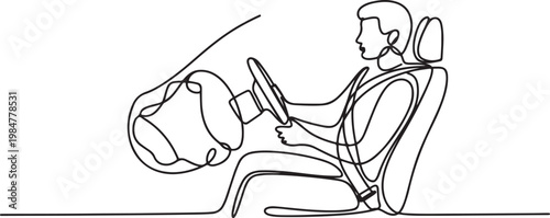 Continuous one line drawing of a person experiencing an airbag deployment while sitting in a car seat with a seatbelt fastened.one line drawing vector illustration
