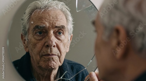 Senior Man Reflection in Cracked Mirror Capturing Deep Emotions