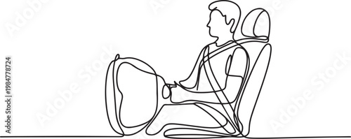 Continuous one line drawing of a person experiencing an airbag deployment while sitting in a car seat with a seatbelt fastened.one line drawing vector illustration