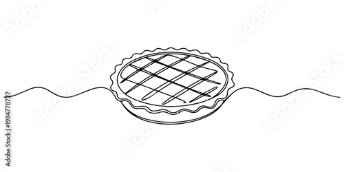 One line continuous pie. Line art traditional pie outline. Hand drawn vector art, Single continuous line drawing of stylized delicious apple pie for cake logo art label. Pastry shop concept. Modern on