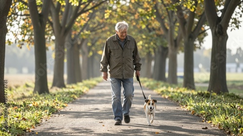 Elderly Man Walking Dog on Pathway Surrounded by Autumn Trees