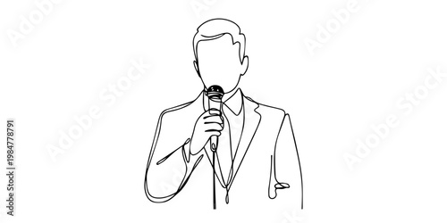 Business conference, business meeting. Man at rostrum in front of audience. Public speaker giving a talk at conference hall- continuous line drawing, One continuous line drawing of a man is giving a 