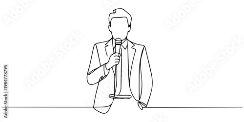 Business conference, business meeting. Man at rostrum in front of audience. Public speaker giving a talk at conference hall- continuous line drawing, One continuous line drawing of a man is giving a 