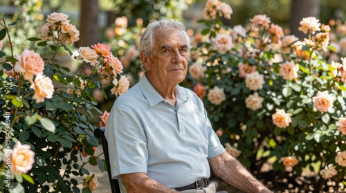 Senior Man Sitting Calmly Among Beautiful Pink Roses in Garden