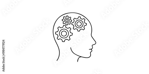 Continuous one line drawing of man  head  with lightbulb with gears inside as line drawing on white background. Vector, Concept of creative brain process and Technology progress. Cogwheels in human.