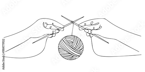 hands holding knitting needles and yarn continuous one line drawing, A hand knitting yarn in a continuous line. Single line drawing vector illustration. Editable stroke, celebrating Worldwide Knit in.