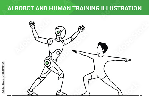 An illustration showing AI robot and human hand training together in a collaborative setup Vector
