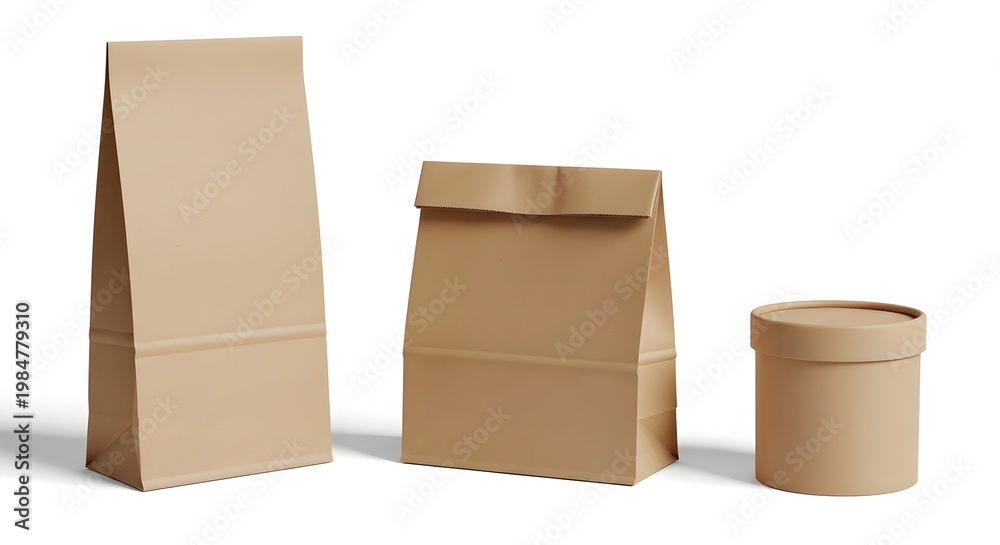 Fototapeta premium Three different shapes of brown paper packaging containers with white background.