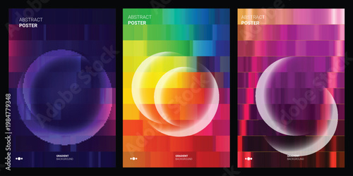 Abstract geometric posters with glowing orb and vibrant rainbow gradient background design for graphic art and modern decoration inspiration