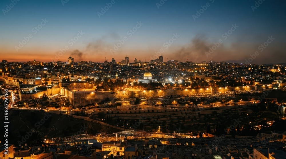 Fototapeta premium Majestic Cityscape of Jerusalem at Twilight with Glowing Lights