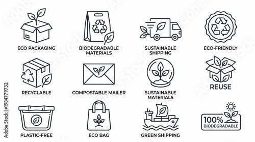 A Collection of Icons Representing Eco-Friendly and Sustainable Packaging, Shipping, and Materials for a Greener Planet