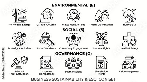 Modern line icons depicting Environmental, Social, and Governance (ESG) principles for sustainable business, corporate responsibility, and ethical operations