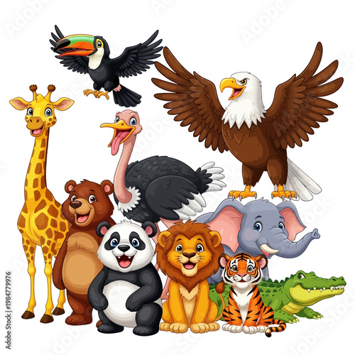 A group of animals including a giraffe, toucan, eagle, bear, panda, lion, elephant, tiger, and crocodile are gathered together.