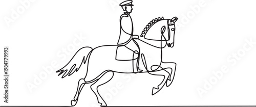 Equestrian monument drawn with a single unbroken black line showing a uniformed rider on a graceful horse.one line drawing vector illustration