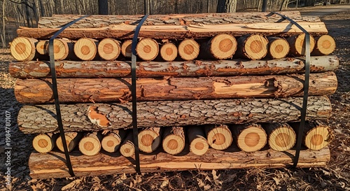 Stacked firewood logs neatly arranged and secured with straps for storage or transport illustration
