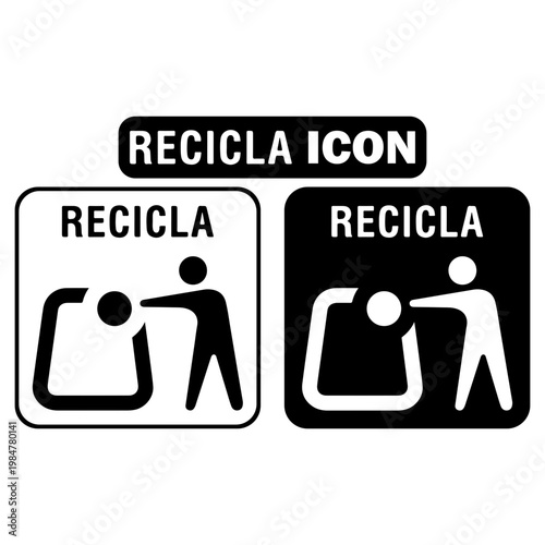 Recicla Recycling Bin Man Throwing Trash Icon Black and White Vector Set