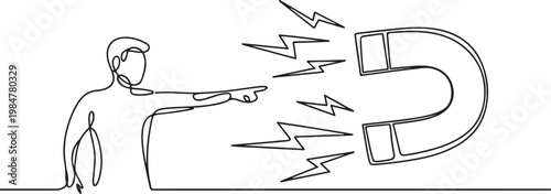 Minimalist line art illustration shows a person pointing towards a U-shaped magnet, with lightning bolts symbolizing attraction.one line drawing vector illustration