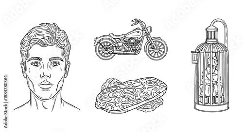Sketch collection featuring a man motorcycle birdcage and breakfast items