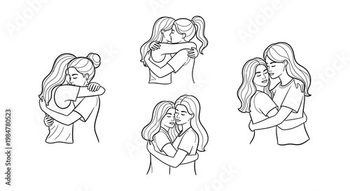 Line art illustrations depicting affectionate women embracing and hugging