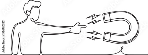 Minimalist line art illustration shows a person pointing towards a U-shaped magnet, with lightning bolts symbolizing attraction.one line drawing vector illustration