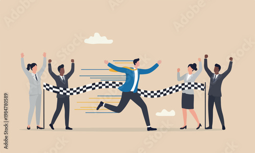 Finish meeting together win opportunity concept, businessman champion winner finish line