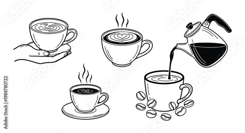 Black and white illustration of coffee cups a pot and beans