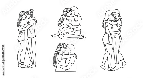 Line art illustrations depicting affectionate women embracing and hugging