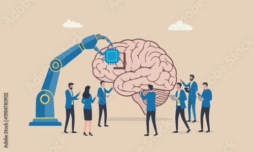 machine problem and automation innovation concept, robot arm put AI processing chip into human brain