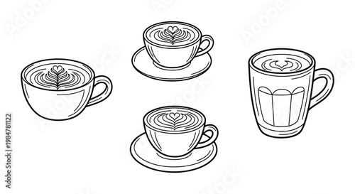 Black and white illustration of coffee cups a pot and beans