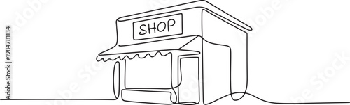 Simple continuous line drawing of a shop building with an awning and a sign displaying "SHOP", rendered in a minimalist.one line drawing vector illustration