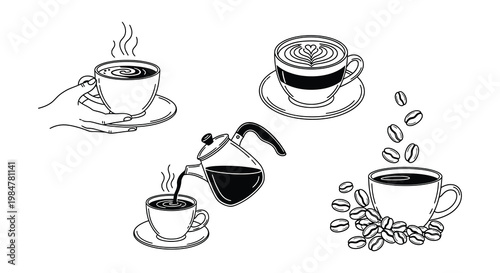 Black and white illustration of coffee cups a pot and beans