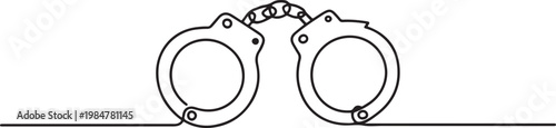 Pair of police handcuffs illustrated in a continuous single line drawing style, a minimalist symbol of law, arrest, and the criminal justice system.one line drawing vector illustration