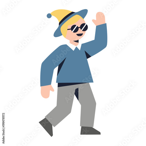 Cartoon man in blue shirt and hat walking with hand raised