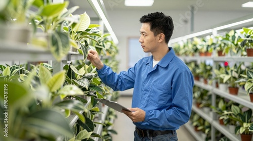 Young Man Caring for Green Plants in a Bright Indoor Nursery