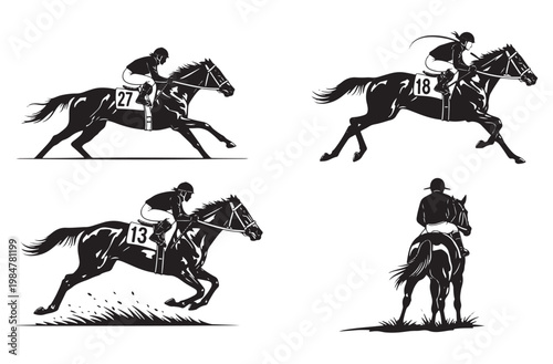 Horse racing set featuring jockeys riding thoroughbred horses at high speed and competition events and equestrian sport silhouettes isolated on transparent background for graphic design