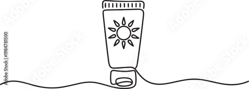 Single continuous line drawing of a sunscreen tube with a sun symbol.one line drawing vector illustration