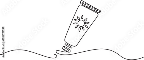 Single continuous line drawing of a sunscreen tube with a sun symbol.one line drawing vector illustration