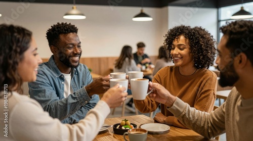 Friends Celebrating Together with Coffee and Joyful Conversations