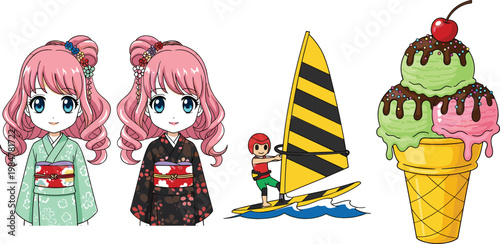 Anime Girl in Traditional Japanese Kimono, Windsurfing Sport Illustration and Colorful Ice Cream Dessert Vector Character Set