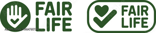 Fair Life ethical certification icons with hand, heart, and checkmark in green for sustainable product labeling