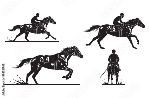Horse racing set featuring jockeys riding thoroughbred horses at high speed and competition events and equestrian sport silhouettes isolated on transparent background for graphic design