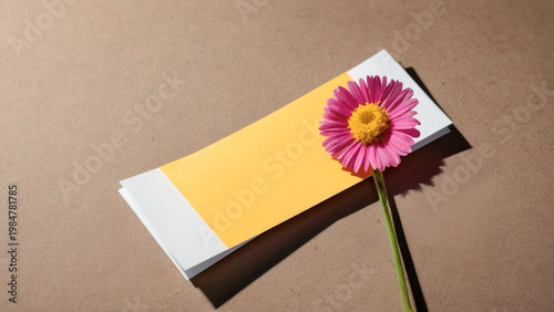 Minimal brown cardboard background sticky notes blank page flower pink yellow green stem