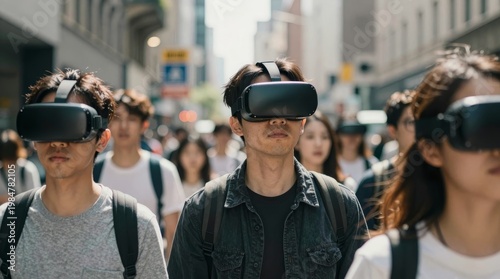 Group of Young People Exploring Virtual Reality on City Street